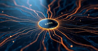 Futurystyczna sieć neuronowa i wafle krzemowe z logo Arm, symbolizująca procesor AI.