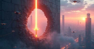 Anduril przebija biurokratyczny mur, ukazując futurystyczne miasto z dronami – symbol transformacji armii USA.