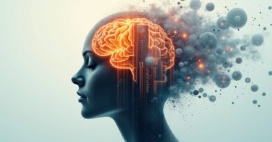 Abstrakcyjny mózg cyfrowy wyłania się z rozpadającego się biurowca. AI przejmuje zadania. Redukcja etatów w Atlassian.