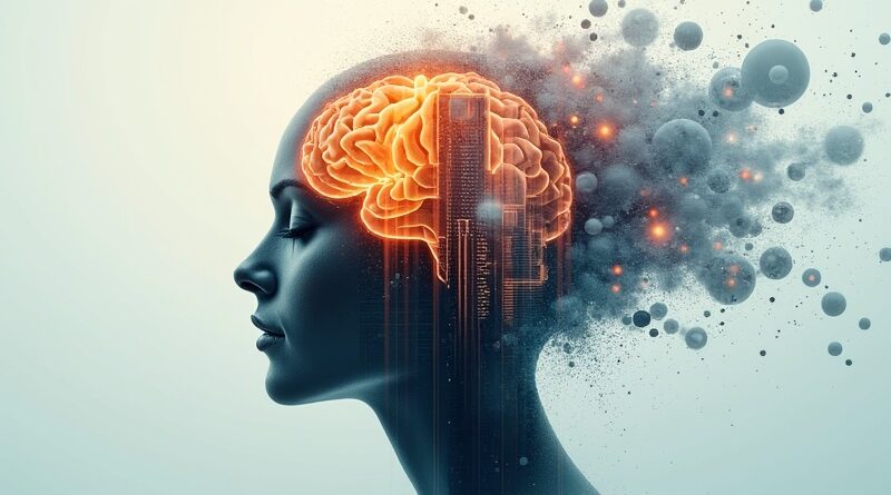 Abstrakcyjny mózg cyfrowy wyłania się z rozpadającego się biurowca. AI przejmuje zadania. Redukcja etatów w Atlassian.