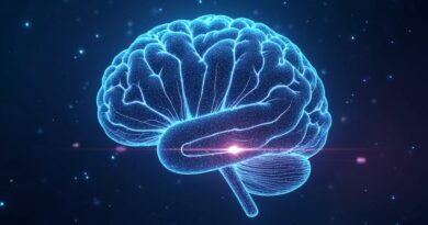 Stylizowany mózg z połączonych węzłów i ścieżek, symbolizujący AI, autonomię i balans. Niebiesko-fioletowe tło.