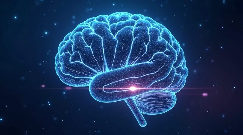 Stylizowany mózg z połączonych węzłów i ścieżek, symbolizujący AI, autonomię i balans. Niebiesko-fioletowe tło.