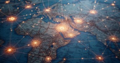 Sieć zodiakalnych konstelacji na starej mapie, podświetlona nad futurystycznym miastem, symbolizuje mapowanie przyszłości.