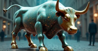 Surrealistyczne połączenie byka z Wall Street i eterycznego agenta AI, symbol ery algorytmów w finansach.