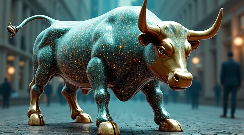 Surrealistyczne połączenie byka z Wall Street i eterycznego agenta AI, symbol ery algorytmów w finansach.