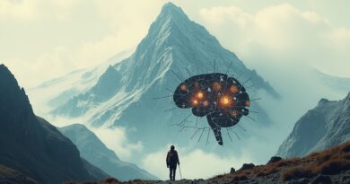 Samotny wędrowiec pod ogromną górą symbolizuje trudność ARC-AGI-3 dla AI.