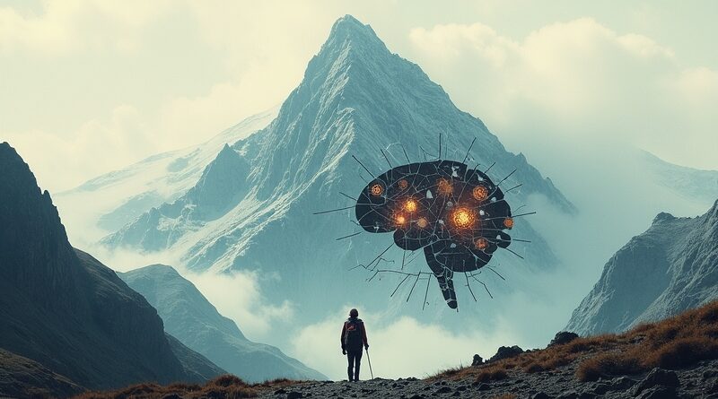 Samotny wędrowiec pod ogromną górą symbolizuje trudność ARC-AGI-3 dla AI.