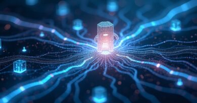 Abstrakcyjna sieć korporacyjna, AI walczy z barierami operacyjnymi. Niebieskie, srebrne i fioletowe barwy.