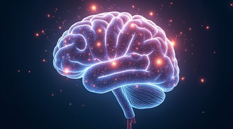 Świecący mózg-drzewo wiedzy z symbolami umiejętności, reprezentujący autonomicznych agentów AI i bibliotekę kompetencji Base44.