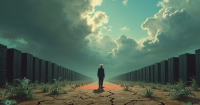 Opuszczona farma serwerów pod burzowym niebem. Sylwetka przypominająca Berniego Sandersa oświetlona reflektorem. Dolary wyrastają z wyschniętej ziemi.