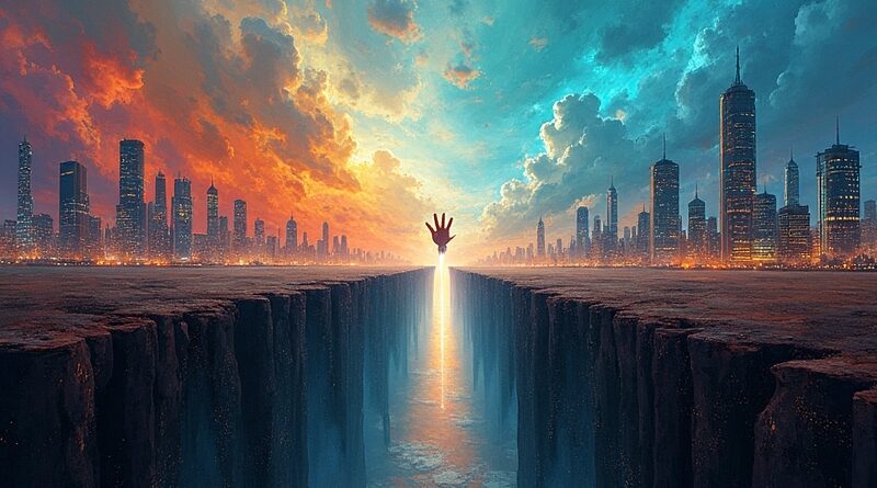 Przepaść między futurystycznym miastem AI a upadającą krainą. Ręka oferuje dane, nierówności rosną.