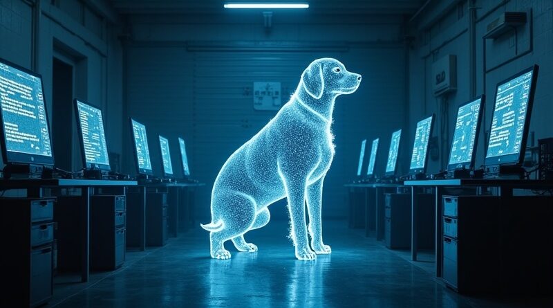 Bioluminescencyjna spirala DNA spleciona z sylwetką psa w garażu, otoczona ekranami z kodem genetycznym.