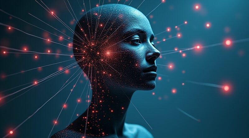 Rozpadająca się postać w algorytmy, biometryczne wzory zamieniają się w kody kreskowe na tle sieci danych. Inwigilacja.