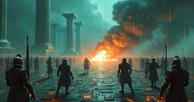 Cyfrowa bitwa: obwód drukowany jako pole walki, starcie technologii i obrony.