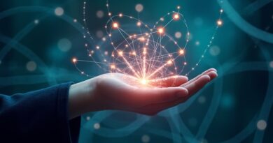 Abstrakcyjna sieć przyszłości: AI jako konstelacja połączonych węzłów z ręki użytkownika, na tle danych.