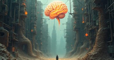 Surrealistyczne miasto danych w chaosie, AI usiłuje je rozświetlić. Sektor ubezpieczeń na rozdrożu.