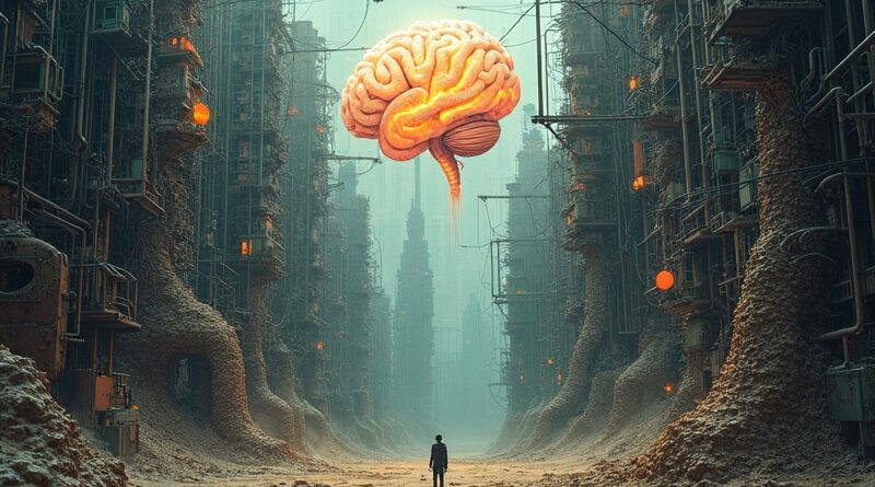 Surrealistyczne miasto danych w chaosie, AI usiłuje je rozświetlić. Sektor ubezpieczeń na rozdrożu.