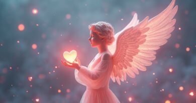 Cyfrowy Kupidyn z lekkich nici łączy dwie dusze na tle danych formujących serca. AI Bumble.