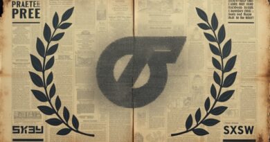 Rozpadające się logo BuzzFeed, binarny kod, zwiędłe laureaty Pulitzera, glitchująca sceneria SXSW, impresjonistyczna melancholia.