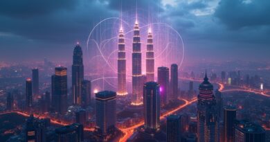 Futurystyczny Kuala Lumpur w neonie centrów danych. Nvidia Blackwell w mozaice obwodów. Potęga, innowacja, strategia.