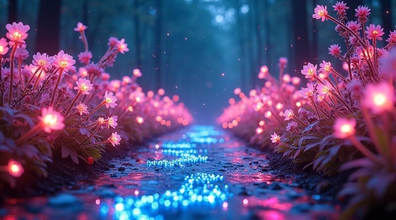 Fuzja cyfrowych danych i bioluminescencyjnej flory, symbolizująca AI w generowaniu wideo w CapCut.