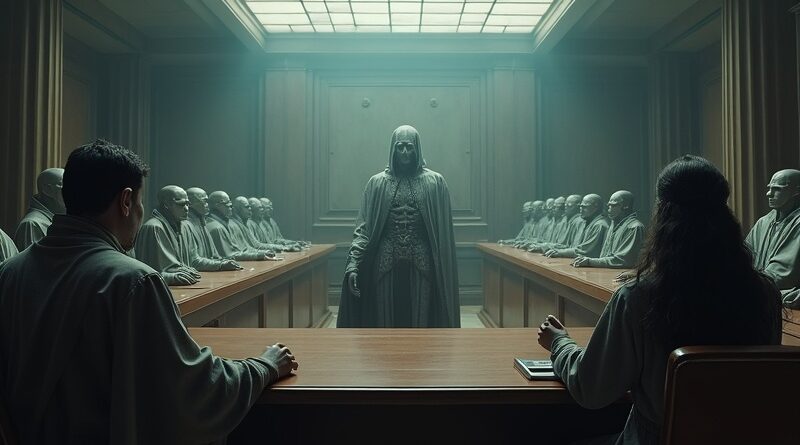 Surrealistyczna sala sądowa: widmowi piraci cyfrowi sądzeni przez hollywoodzkie ikony. AI sędzia wymierza sprawiedliwość.