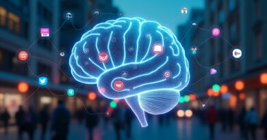 Eteryczny mózg-interfejs nad miastem, połączenia ChatGPT z aplikacjami: Spotify, Canva, Booking.com, Figma. Futuryzm, błękity, purpury.