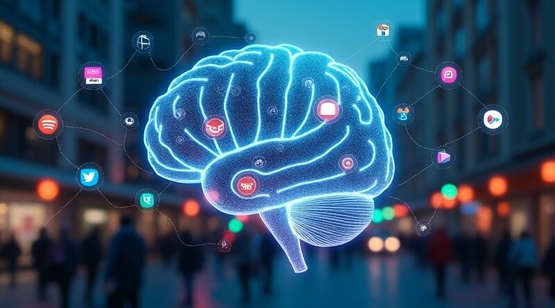 Eteryczny mózg-interfejs nad miastem, połączenia ChatGPT z aplikacjami: Spotify, Canva, Booking.com, Figma. Futuryzm, błękity, purpury.