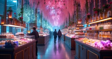 Cyfrowe nici splatające się z kwitnącymi algorithmami AI na tętniącym życiem rynku e-commerce.