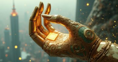 Złota, jadeitowa, mechaniczna dłoń trzyma mikrochip na tle futurystycznego Szanghaju i danych.