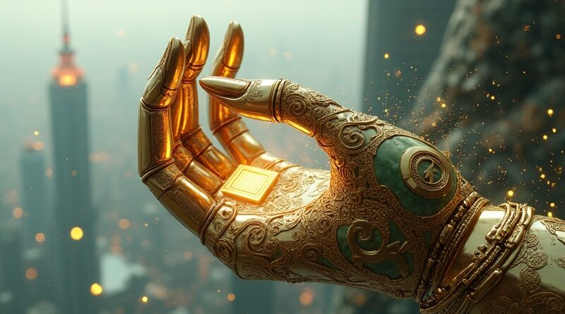 Złota, jadeitowa, mechaniczna dłoń trzyma mikrochip na tle futurystycznego Szanghaju i danych.