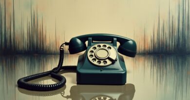 Słuchawka telefonu na tle zniekształconej fali dźwiękowej. Muted colors; utrata połączenia, cyfrowa inwazja.