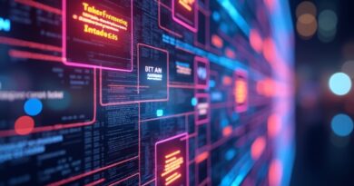 Futurystyczna tablica Kanban z agentami AI jako abstrakcyjne postacie w kodzie, orkiestracja zadań, tło: dynamiczne miasto.