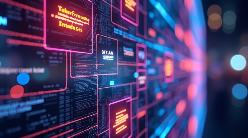 Futurystyczna tablica Kanban z agentami AI jako abstrakcyjne postacie w kodzie, orkiestracja zadań, tło: dynamiczne miasto.