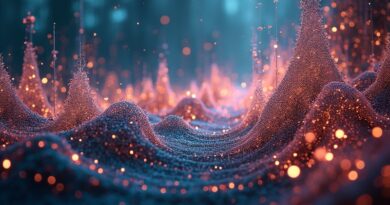 Iridescentne wstęgi fal dźwiękowych splatają się z abstrakcyjnym miastem danych i sieci neuronowych.