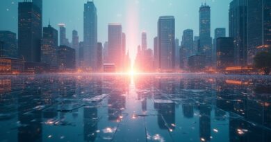 Abstrakcyjna, cyfrowa panorama miasta odbita w lustrze, z okiem symbolizującym nadzór AI.