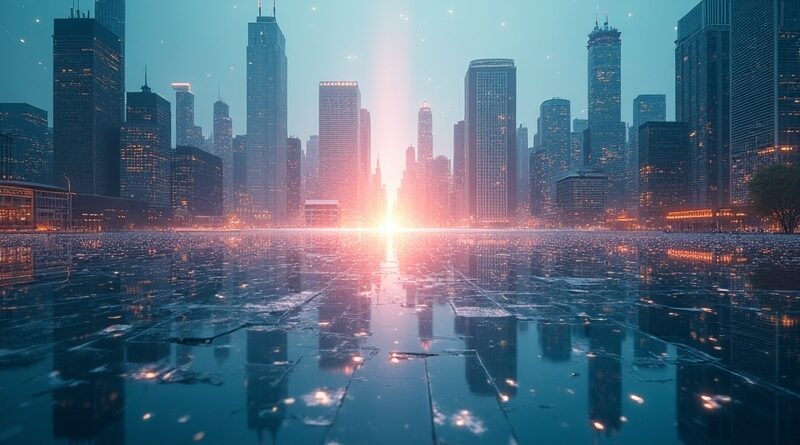 Abstrakcyjna, cyfrowa panorama miasta odbita w lustrze, z okiem symbolizującym nadzór AI.