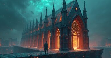 Cyfrowy architekt buduje gotycką katedrę z kodu, symbol Creao i braku halucynacji w AI.