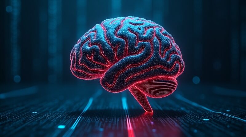 Cyfrowy mózg z neonowymi połączeniami, symbolizujący reinforcement learning, na futurystycznym tle z kodem binarnym.