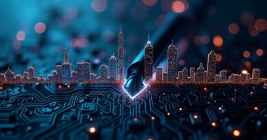 Stylizowana płyta główna jako nocne miasto, neonowe linie kodu. Kursor przebija cyfrowy horyzont, rzuca cień.