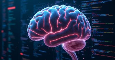 Abstrakcyjny mózg cyfrowy spleciony z kodem, na tle stylizowanego IDE. Ilustruje AI w programowaniu i testy agentów AI.