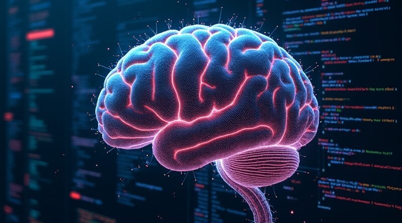 Abstrakcyjny mózg cyfrowy spleciony z kodem, na tle stylizowanego IDE. Ilustruje AI w programowaniu i testy agentów AI.