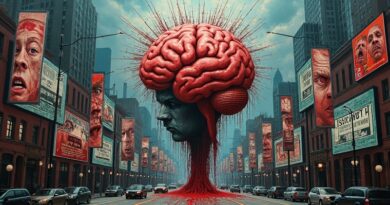 Cyfrowy mózg krwawi na ulicy. Fragmenty ekranów z agresją i zniekształconymi twarzami. Digitalna dystopia, hiperrealizm.