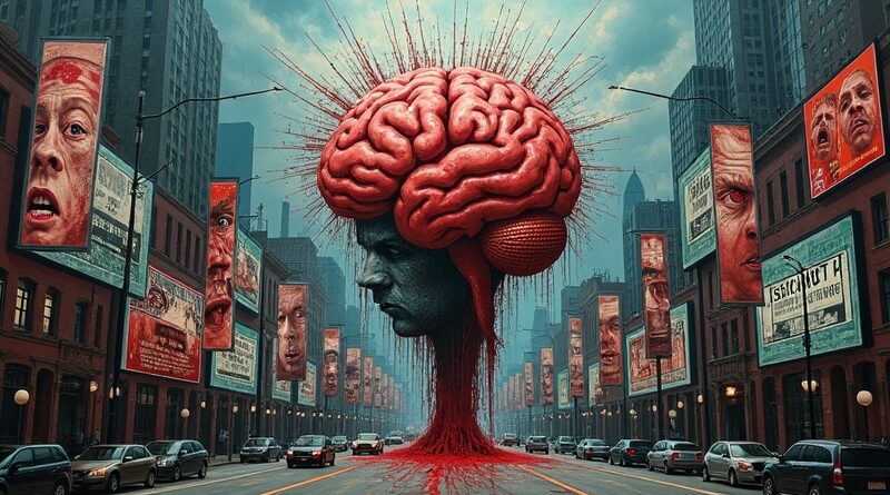 Cyfrowy mózg krwawi na ulicy. Fragmenty ekranów z agresją i zniekształconymi twarzami. Digitalna dystopia, hiperrealizm.