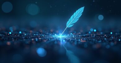 Lekkie pióro nad strumieniami danych, symbol AI w dziennikarstwie. Minimalistyczna ilustracja do artykułu o przyszłości redakcji.