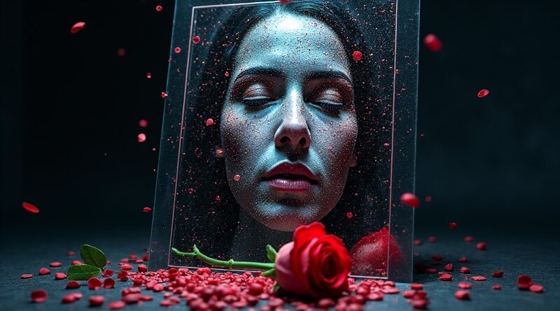 Zniekształcone odbicie twarzy w cyfrowym lustrze, symbolizujące pochlebczość AI i upadek moralny.