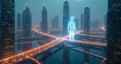 Abstrakcyjne, futurystyczne miasto z sieciami neuronowymi symbolizującymi cyfrowe transakcje i AI nadzorującą przepływ finansowy.