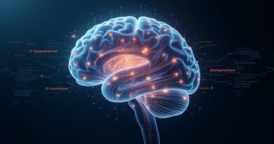 Abstrakcyjna wizja mózgu jako sieci świetlnych połączeń, symbolizująca model AI TRIBE v2 Meta.