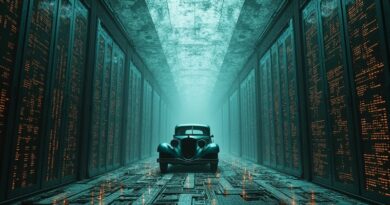 Surrealistyczna wizja: obwody, kod, vintage auto uwięzione w cyfrowej siatce, duchy w serwerowni.