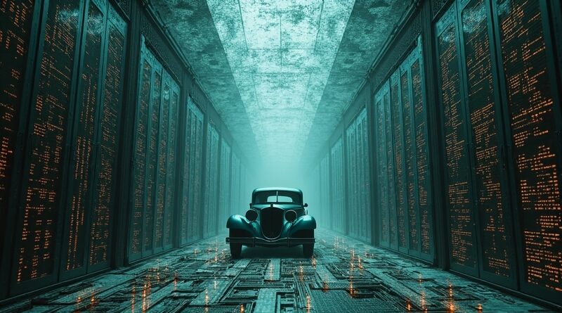 Surrealistyczna wizja: obwody, kod, vintage auto uwięzione w cyfrowej siatce, duchy w serwerowni.